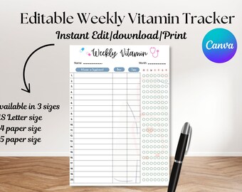 Veckovis vitamin- och kosttillskottsspårare: Redigerbar hälsochecklista (digital nedladdning)
