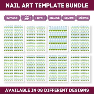May include: A nail art template bundle featuring eight distinct sheets of nail shape outlines. The text reads NAIL ART TEMPLATE BUNDLE, Almond, MP, Oval, Round, Square, Stiletto, and AVAILABLE IN 08 DIFFERENT DESIGNS. Each sheet displays rows of nails.