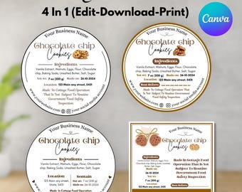May include: Four editable food label templates with the text "Chocolate chip Cookies" and ingredient lists. The labels include the text "Made in Cottage Food Operation" and "Handmade With Love". The labels are round and rectangular.