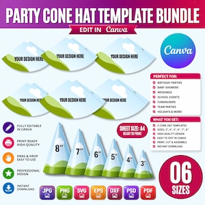 Op de afbeelding: Een digitaal pakket met sjablonen voor feestmutsen, bestaande uit zes platte sjablonen met de tekst YOUR DESIGN HERE en zes gemonteerde mutsen met de labels 3, 4, 5, 6, 7 en 8 inch. De afbeelding bevat Canva-branding, A4-formaat en bestandsformaatpictogrammen voor JPG, PNG, SVG, EPS, DXF, PSD en PDF.