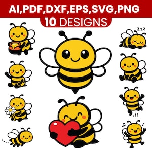 Può includere: Una collezione di dieci disegni di api dei cartoni animati in giallo e nero, con varie pose ed espressioni. L'immagine include il testo in alto che recita "AI, PDF, DXF, EPS, SVG, PNG" e "10 DESIGNS".