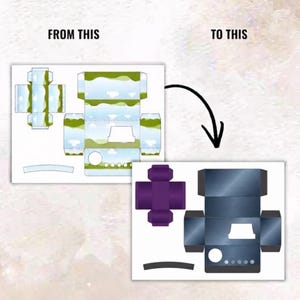 Kids Doh Box Template with editable one-piece and layered box designs shown on an 11 x 8.5 inch sheet, featuring customizable panels, front display opening, top flaps, kids doh packaging layout, drag-and-drop editing, printable DIY party favor box, and finished box mockup.