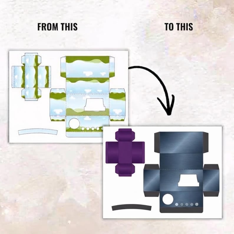 Kids Doh Box Template with editable one-piece and layered box designs shown on an 11 x 8.5 inch sheet, featuring customizable panels, front display opening, top flaps, kids doh packaging layout, drag-and-drop editing, printable DIY party favor box, and finished box mockup.