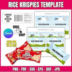 May include: A digital Rice Krispies template for 11 x 8.5 inch sheets, featuring a barcode, nutrition facts, and customizable layouts. Includes two red Rice Krispies cereal bar wrappers and one light blue wrapper with the text YOUR DESIGN HERE.