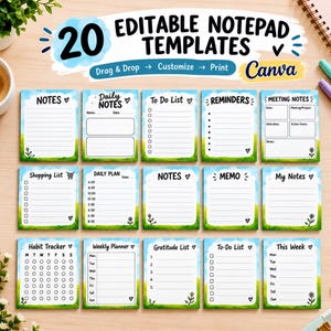 May include: A collection of 20 editable notepad templates featuring a blue sky and green grass background. Each template includes various layouts such as to-do lists, habit trackers, and planners with text labels like Notes, Daily Notes, and Meeting Notes.