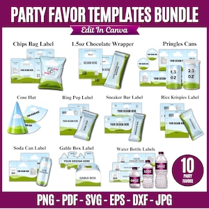 Peut inclure: Un ensemble de modèles de cadeaux de fête numériques comprenant des designs pour sachets de chips, emballages de chocolat de 1,5 oz, boîtes Pringles, chapeaux coniques, ring pops, barres sneaker, rice krispies, canettes, boîtes et bouteilles.