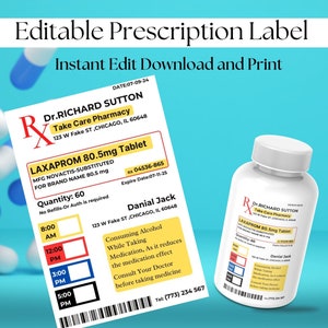 Modelo de rótulo de prescrição editável, rótulo de frasco de comprimidos, modelo de rótulo de frasco RX, rótulo de prescrição personalizado, Canva editável, modelo de rótulo