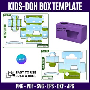 Kids Doh Box Template with editable one-piece and layered box designs shown on an 11 x 8.5 inch sheet, featuring customizable panels, front display opening, top flaps, kids doh packaging layout, drag-and-drop editing, printable DIY party favor box, and finished box mockup.