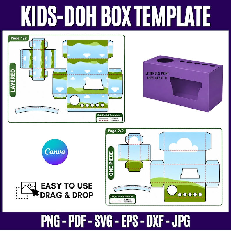 Kids Doh Box Template with editable one-piece and layered box designs shown on an 11 x 8.5 inch sheet, featuring customizable panels, front display opening, top flaps, kids doh packaging layout, drag-and-drop editing, printable DIY party favor box, and finished box mockup.