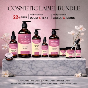 Op de afbeelding: Een cosmetica-etikettenbundel met verschillende maten en stijlen etiketten voor schoonheidsproducten. De etiketten worden weergegeven op bruine flessen en potten, met de tekst "Vanilla Cashmere" en "Body Butter". De afbeelding bevat de tekst "Cosmetic Label Bundle" en "22+ Sizes".