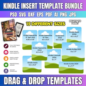 Puede incluir: Un paquete de plantillas de inserción para Kindle con 15 tamaños diferentes para varios modelos, incluyendo Paperwhite, Basic, Scribe y Oasis. El archivo digital incluye formatos PSD, SVG, DXF, EPS, PDF, AI, PNG y JPG con arrastrar y soltar.