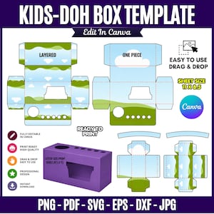 May include: A digital Kids-Doh box template featuring layered and one-piece layouts with a blue sky and green landscape pattern. Includes text labels like Edit In Canva, Ready To Print, and sheet size 11 x 8.5 inches, with file format icons.