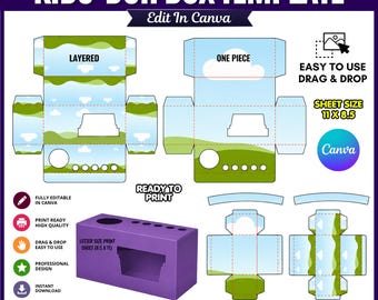 Pode incluir: Um modelo digital de caixa Kids-Doh com layouts em camadas e de peça única com um padrão de céu azul e paisagem verde. Inclui etiquetas de texto como Edit In Canva, Ready To Print e tamanho de folha 27,9 x 21,6 cm.