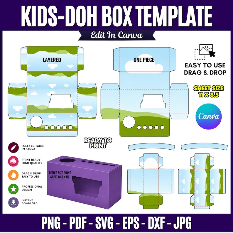 Kids Doh Box Template with editable one-piece and layered box designs shown on an 11 x 8.5 inch sheet, featuring customizable panels, front display opening, top flaps, kids doh packaging layout, drag-and-drop editing, printable DIY party favor box, and finished box mockup.