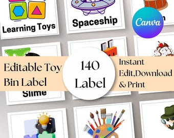 Etiquetas editables para contenedores de juguetes: 140 pegatinas para organizar la sala de juegos (plantilla de Canva)
