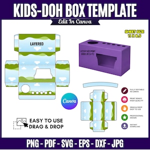 Kids Doh Box Template with editable one-piece and layered box designs shown on an 11 x 8.5 inch sheet, featuring customizable panels, front display opening, top flaps, kids doh packaging layout, drag-and-drop editing, printable DIY party favor box, and finished box mockup.