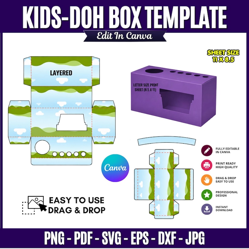 Kids Doh Box Template with editable one-piece and layered box designs shown on an 11 x 8.5 inch sheet, featuring customizable panels, front display opening, top flaps, kids doh packaging layout, drag-and-drop editing, printable DIY party favor box, and finished box mockup.