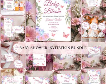 Pacchetto di inviti per baby shower con fiori di campo, giochi modificabili (digitali)