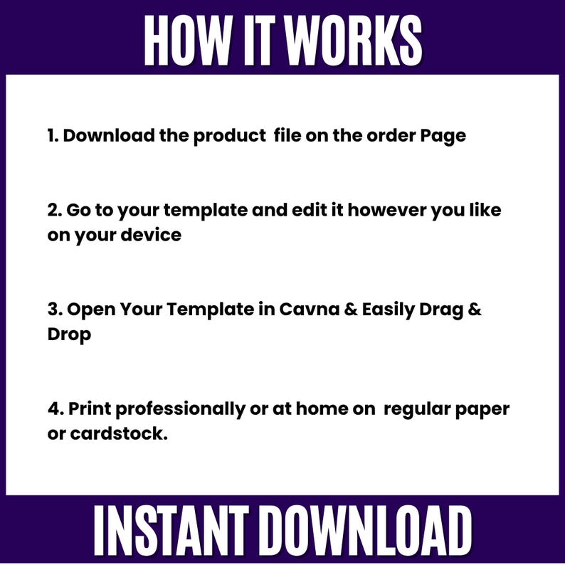 May include: A white informational graphic with dark purple borders featuring the text HOW IT WORKS and INSTANT DOWNLOAD. The four steps listed are: 1. Download the product file on the order Page, 2. Go to your template and edit it however you like on your device, 3. Open Your Template in Cavna & Easily Drag & Drop, 4. Print professionally or at home on regular paper or cardstock.
