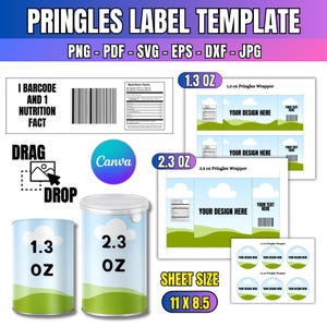 May include: A digital Pringles label template set including PNG, PDF, SVG, EPS, DXF, and JPG files. Features 1.3 oz and 2.3 oz wrapper layouts with cloud and grass graphics, nutrition facts, barcodes, and placeholders for custom text and designs.