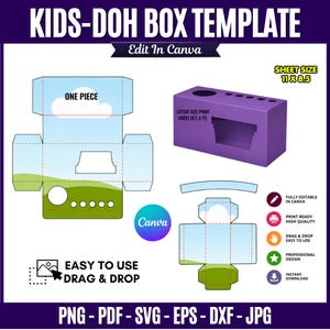 Kids Doh Box Template with editable one-piece and layered box designs shown on an 11 x 8.5 inch sheet, featuring customizable panels, front display opening, top flaps, kids doh packaging layout, drag-and-drop editing, printable DIY party favor box, and finished box mockup.