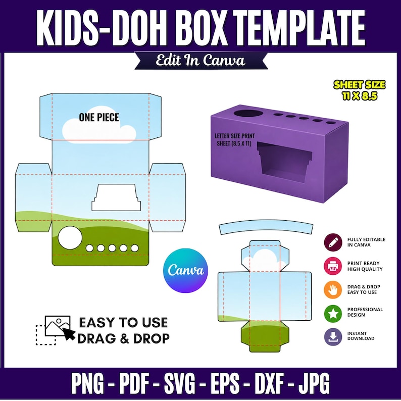 Kids Doh Box Template with editable one-piece and layered box designs shown on an 11 x 8.5 inch sheet, featuring customizable panels, front display opening, top flaps, kids doh packaging layout, drag-and-drop editing, printable DIY party favor box, and finished box mockup.