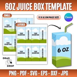 May include: A 6oz juice box template featuring a digital design layout with 11 x 8.5 inch page size, Canva compatibility, and drag and drop functionality. The graphic shows a blue sky with white clouds and green hills, available in PNG, PDF, SVG, EPS, DXF, and JPG formats.