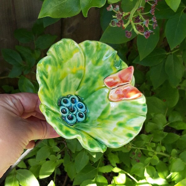 Ceramic Flower on Stem, Lime Ceramic Poppy with Orange Butterfly, Hand-Made Pottery Bird Bath Garden Decor For Sale Online UK, 55cmx12cm.