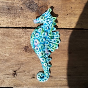 Small Blue Ceramic Seahorse, Turquoise Seahorse Gift, Bathroom Wall Decor, Ready To Hang Ceramic Art, Pottery Wall Sculpture, 17 cm long.