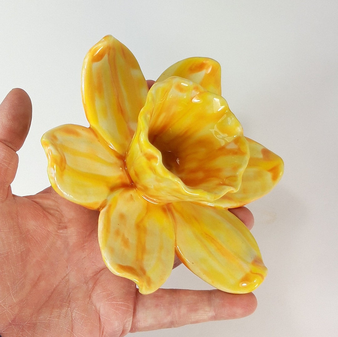 Yellow Ceramic Daffodil Wall Sculpture, Frost Proof Stoneware Garden