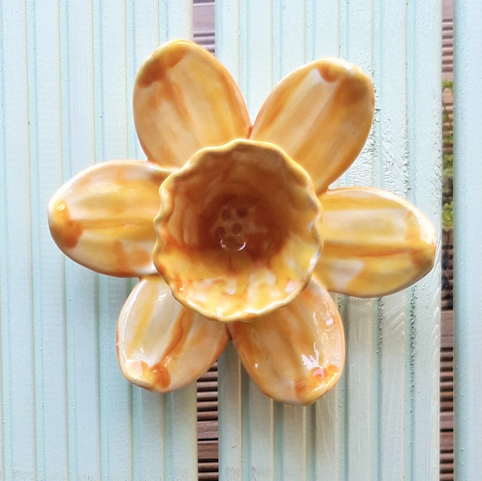 Yellow Ceramic Daffodil Wall Sculpture, Frost Proof Stoneware Garden