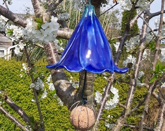 Bluebell Hanging Ceramic Bird Feeder, Cobalt Blue Pottery Flower Feeder, Frost-Proof Fat Ball Bird Feeder, Decorative Garden Gift 30 cm long