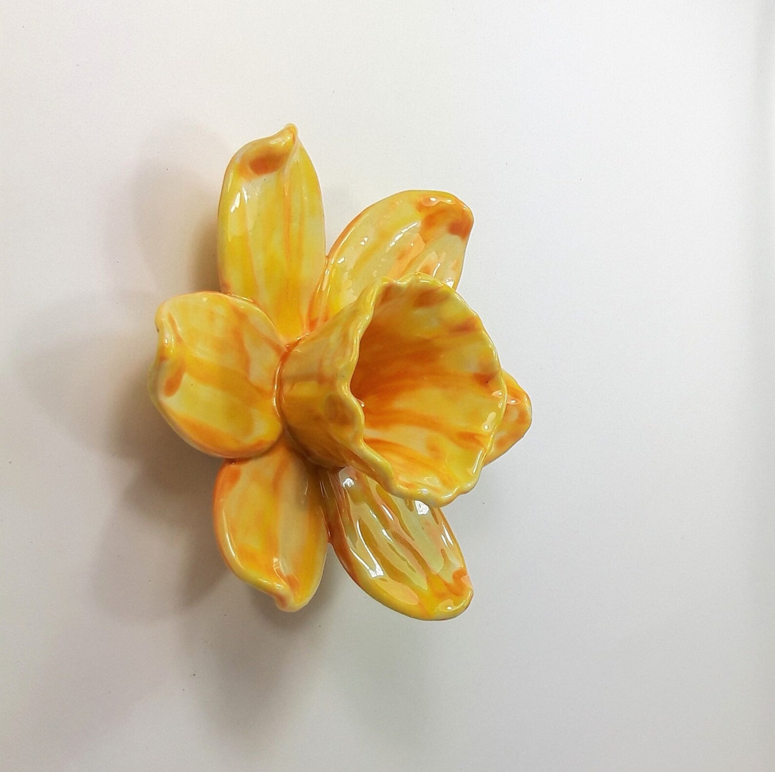 Yellow Ceramic Daffodil Wall Sculpture, Frost Proof Stoneware Garden