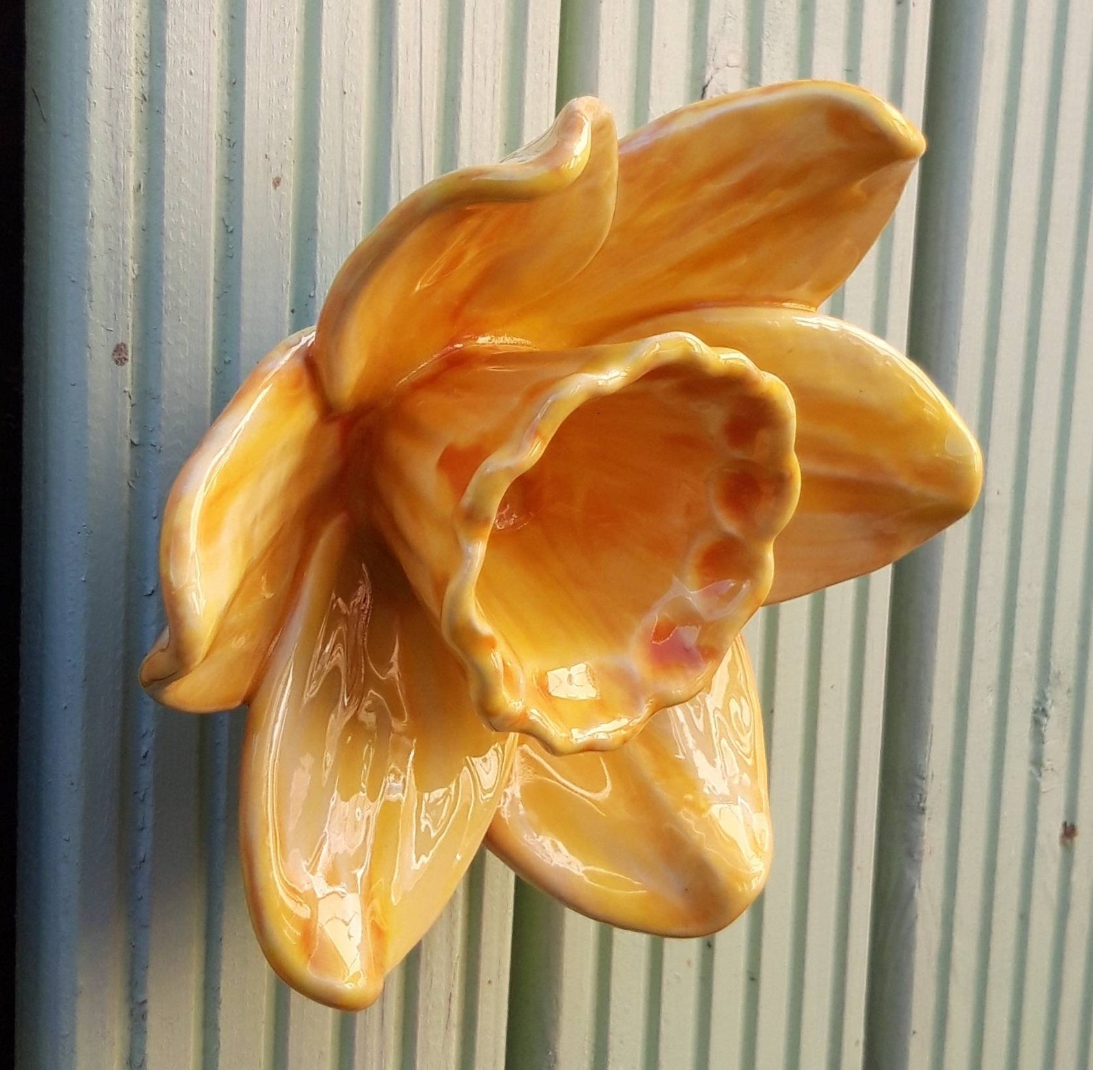 Yellow Ceramic Daffodil Wall Sculpture, Frost Proof Stoneware Garden