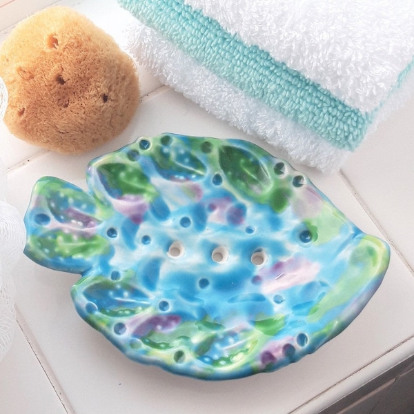 Turquoise Ceramic Fish Soap Dish, Pottery Fish Bathroom Shampoo Bar, Light Blue Fish Soap Bar Holder with Drainage Holes for Sale 14cm long