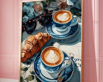 Croissant Wall Art, French Breakfast Print, Vintage Kitchen Poster, Trendy Cafe Illustration, Latte Coffee Print, Croissant Art, Croissant