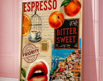 Plakat kolażowy z wycinankami z magazynu Espresso, kolaż z włoskich wycinanek, kolaż z magazynu retro, estetyczna sztuka ścienna z kolażem