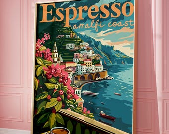 Impresión de póster de espresso, póster con vista a la costa de Amalfi, impresión de espresso italiano, impresión de carrito de café, decoración para amantes del café, póster de café retro, regalo