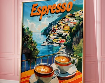 Póster de espresso, póster con impresión de la costa de Amalfi, impresión de espresso italiano, póster de Amalfi, decoración para amantes del café, póster de café retro, regalo de espresso