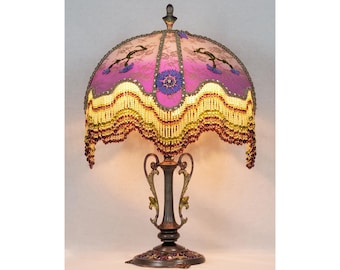 End of Season Sale Antique Victorian Lamp with Hand-Beaded Fringe Lampshade