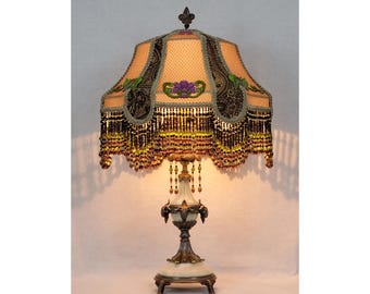 End of Season Sale Antique Victorian Lamp: Hand-Beaded Lampshade, Goat Motif, Heirloom Lighting