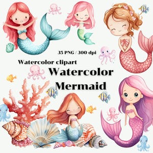 Watercolor Mermaid Clipart Set - Watercolor Clipart | Cute Baby Collection | 300 DPI PNG