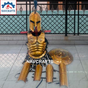 300 Movie Costume - Spartan Warrior Armor Medieval Helmet, Muscle Cuirass, Leg Arm Guard, Round Shield, Cosplay LARP King Leonidas Costume