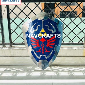 Medieval Link Hylian Shield, Twilight Princess Blue Shield Metal Replica Battle-Ready Triforce Shield with Grip & Handle, Wall Decor Shield