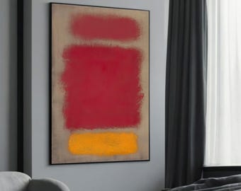 May include: Abstract painting with three horizontal bands of color. The top band is a light red, the middle band is a darker red, and the bottom band is a bright yellow.