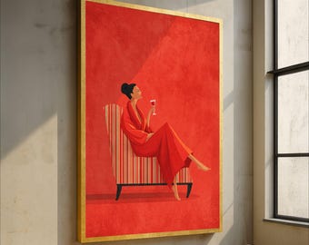 Elegante vrouw ontspannen met wijnglas canvas, rood getinte lounge kunst aan de muur, modern minimalistisch interieur, chique woonkamer canvas kunst