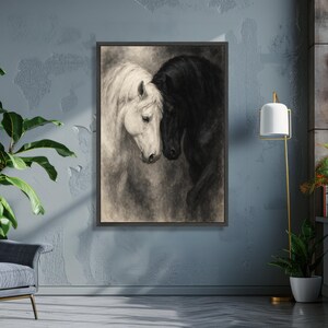 Tela de retrato de cavalos pretos e brancos, arte de parede equina, pintura romântica de animais, close-up de cabeças de cavalo, decoração elegante para casa imagem 3