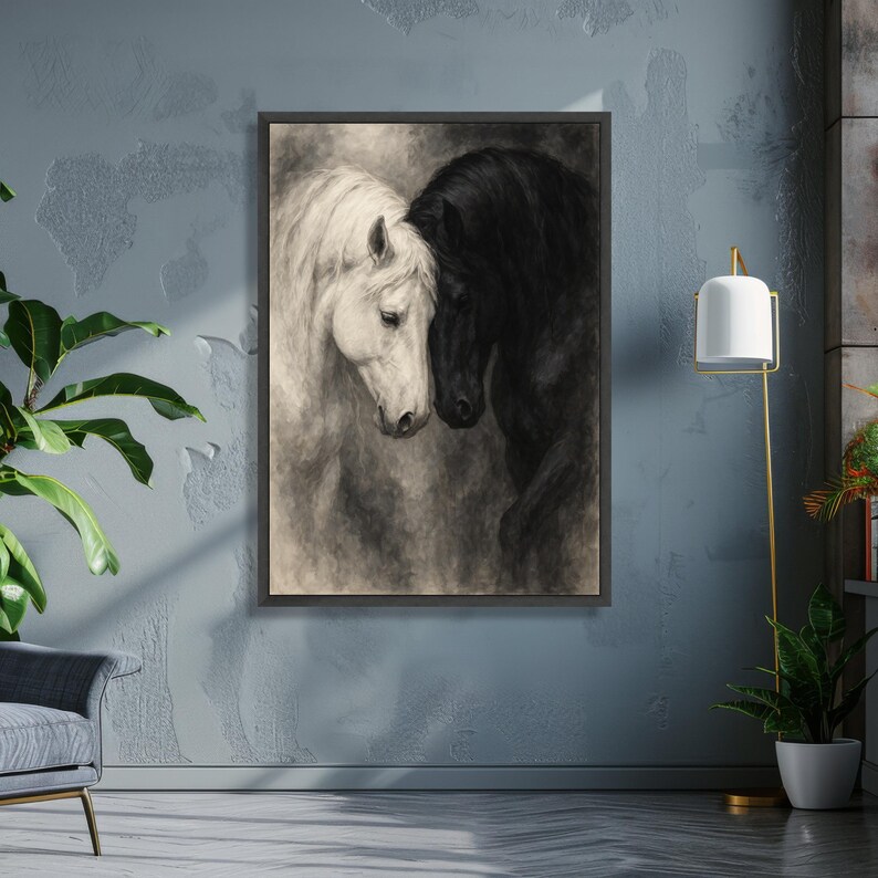 Tela de retrato de cavalos pretos e brancos, arte de parede equina, pintura romântica de animais, close-up de cabeças de cavalo, decoração elegante para casa imagem 3