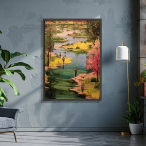 Tranquil Riverside Fishing Scene Canvas, Nature Landscape Wall Art, Hand-Painted Style River View, Outdoor Relaxation Decor, Canvas Wall Art image 3