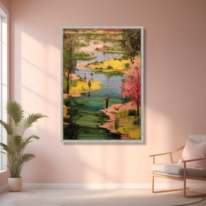Tranquil Riverside Fishing Scene Canvas, Nature Landscape Wall Art, Hand-Painted Style River View, Outdoor Relaxation Decor, Canvas Wall Art image 4
